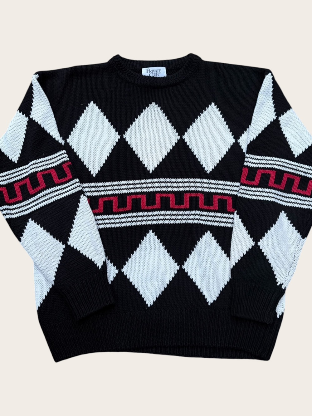 VINTAGE Private Club Hand Intarsia Argyle Geometric Sweater Ramie Cotton Size L